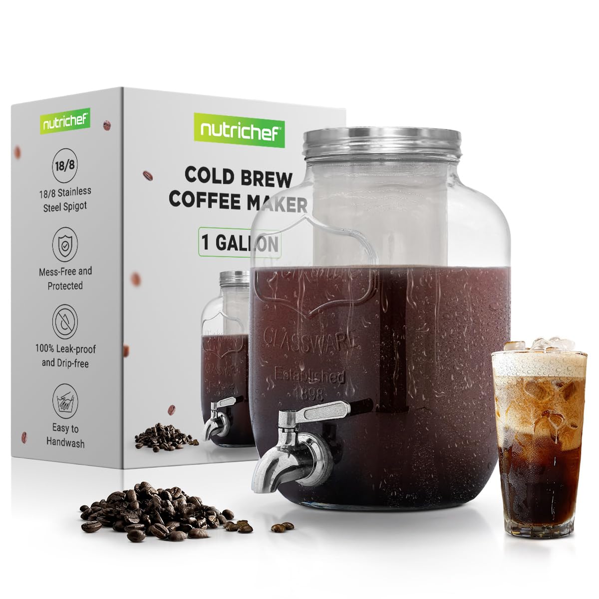 NutriChef 1-Gallon Cold Brew Coffee Maker - Wide-Mouth Glass Mason Jar Style w/Stainless Steel Spigot Tap & Reusable Mesh Filter - Leak Resistant, Drip-Free, & Easy to Clean