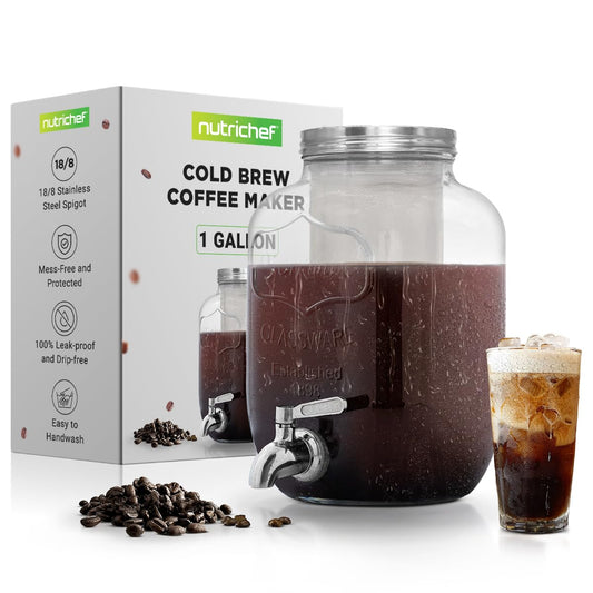 NutriChef 1-Gallon Cold Brew Coffee Maker - Wide-Mouth Glass Mason Jar Style w/Stainless Steel Spigot Tap & Reusable Mesh Filter - Leak Resistant, Drip-Free, & Easy to Clean