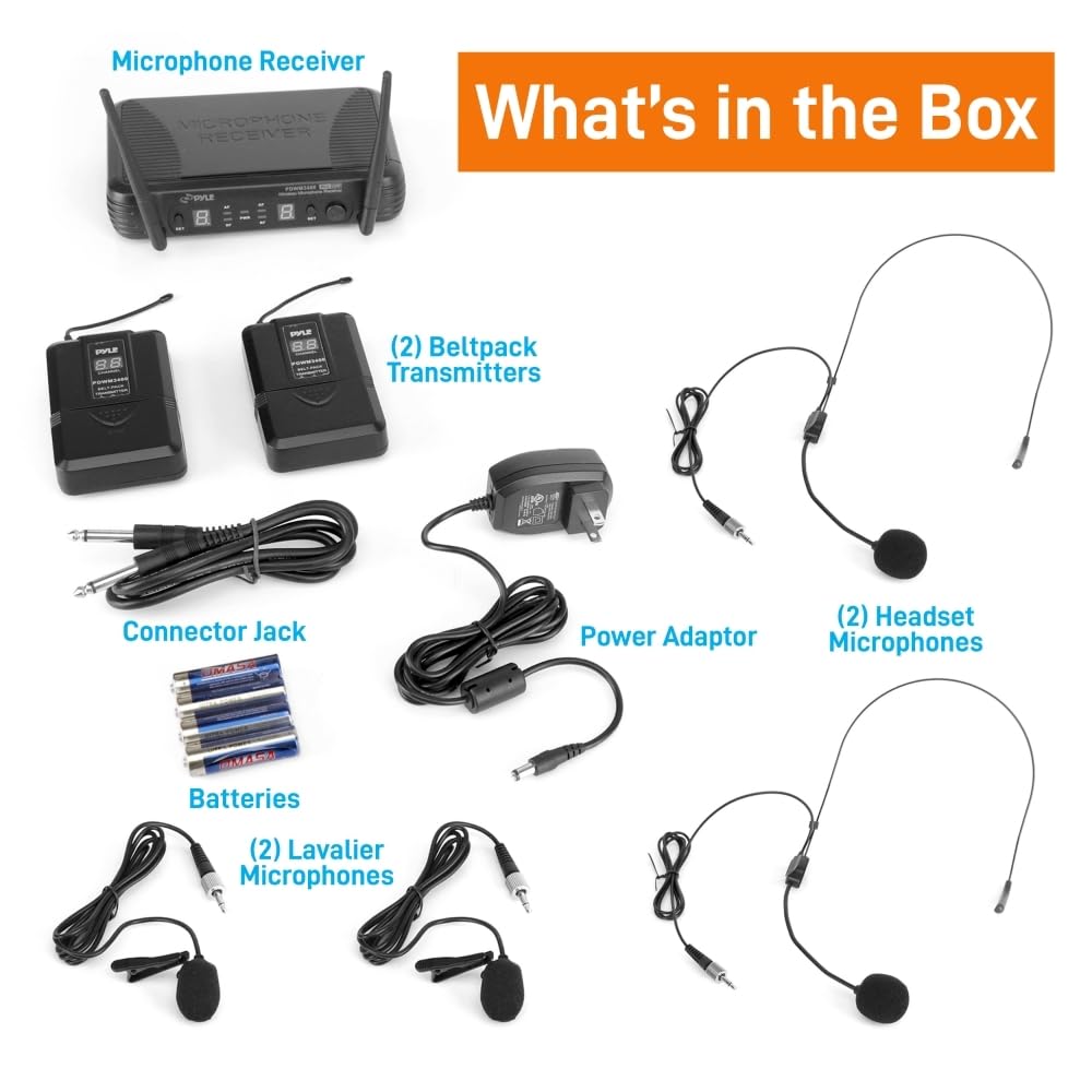 Pyle 2 Channel Wireless Microphone System - Portable UHF Digital Audio Mic Set with 2 Headset, 2 Lavalier lapel, 2 Transmitter, ¼’’ cable, power adapter - For Karaoke, PA, DJ, - PDWM3400,Black