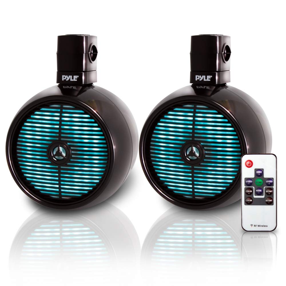 Pyle Marine Speakers - 8 Inch Waterproof IP44 Rated Wakeboard Tower and Weather Resistant Outdoor Audio Stereo Sound System with Built-in LED Lights - 1 Pair in Black (PLMRWB858LE)