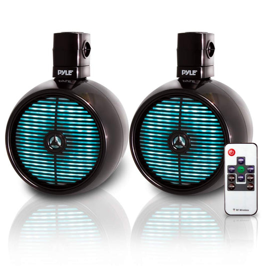 Pyle Marine Speakers - 8 Inch Waterproof IP44 Rated Wakeboard Tower and Weather Resistant Outdoor Audio Stereo Sound System with Built-in LED Lights - 1 Pair in Black (PLMRWB858LE)