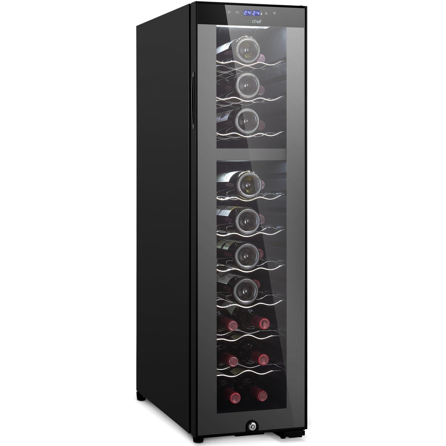 NutriChef PKCWCDS275 Dual-Zone Wine Cooler, 27-Bottle Refrigerator, Digital Touch Button Control with Air Tight Seal, Adjustable Temp 41-64F, Freestanding Cooler, Black