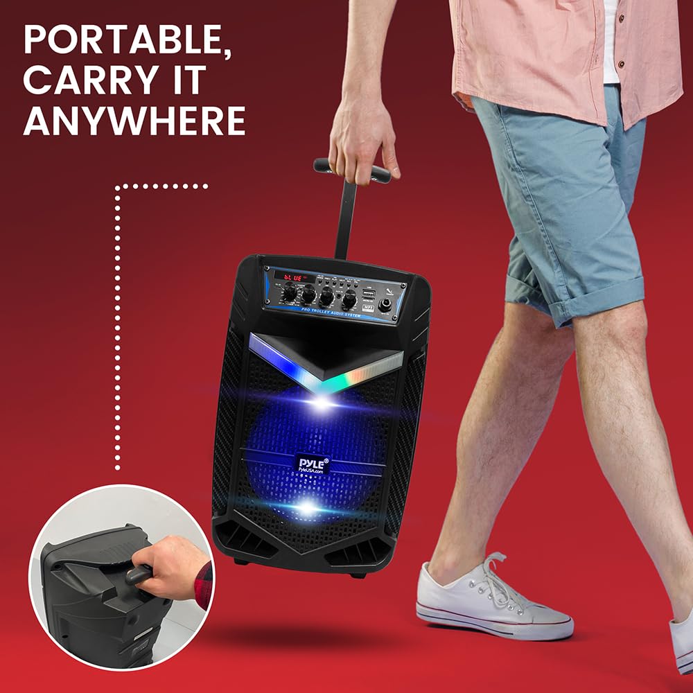 Pyle 400W Rechargeable Outdoor Bluetooth Speaker Portable PA System w/ 8” Subwoofer 1” Tweeter, Recording Function, Mic In, Party Lights USB/SD, Radio - Pyle PPHP842B, BLACK