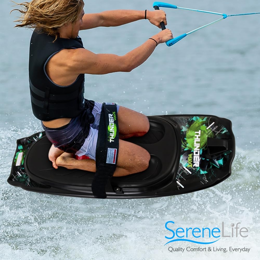 SereneLife Water Sport Kneeboard with Hook for Kids & Adults, Kneeboard with Strap for Boating, Waterboarding, Kneeling Boogie Boarding, Knee Surfing, Black/Green, 50.0’’ x 20.0’’ x 4.5’’