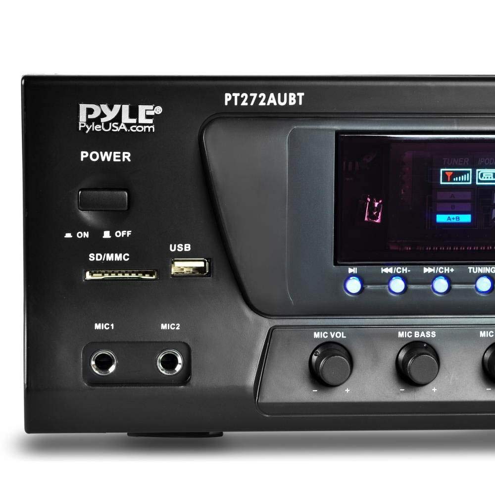Pyle Wireless Bluetooth Audio Power Amplifier - 300W 4 Channel Home Theater Stereo Receiver with USB, AM FM, 2 Mic IN with Echo, RCA, LED, Speaker Selector, For Studio, Home Use, Black - PT272AUBT