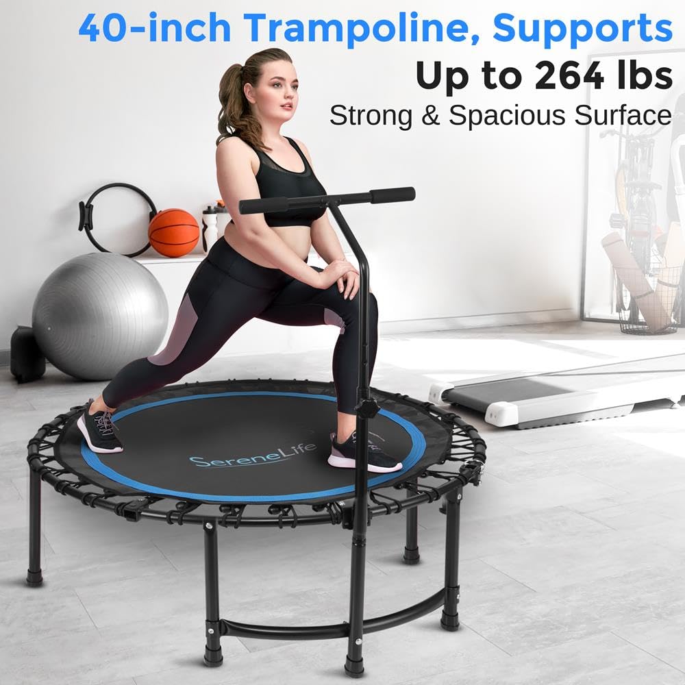 SereneLife 40/48" Foldable Mini Trampoline - Compact Fitness Trampoline for Kids Adults, Exercise Bungee Rebounder with Adjustable Foam Handle, Indoor/Garden Workout Equipment, Max Load 264 lbs