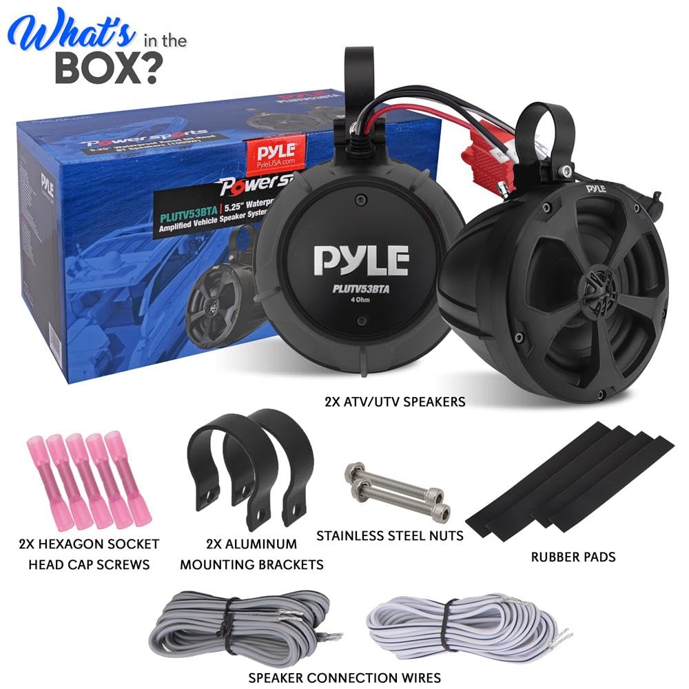 Pyle 2-Way Waterproof Off Road Speakers 1000 Watts - 5.25" Active Passive Marine Grade Wakeboard Tower Speakers System, Full Range Outdoor Stereo Speaker for ATV/UTV Jeep Boat - Pyle PLUTV53BTA