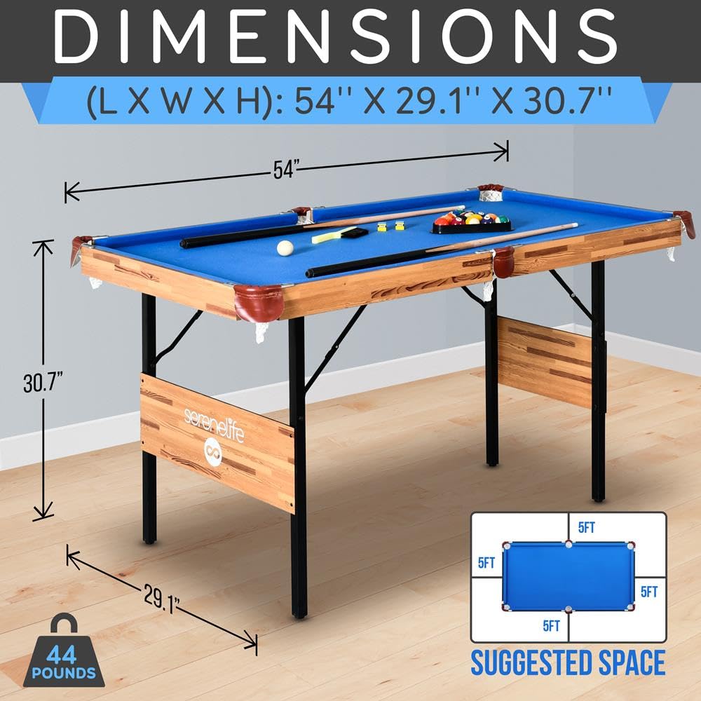 SereneLife 4.5ft Folding Pool Table, 55in Portable Foldable Billiards Game Table for Kids and Adults with Accessories, Indoor and Outdoor Games with Sticks, Cue, Balls and Triangle, Blue