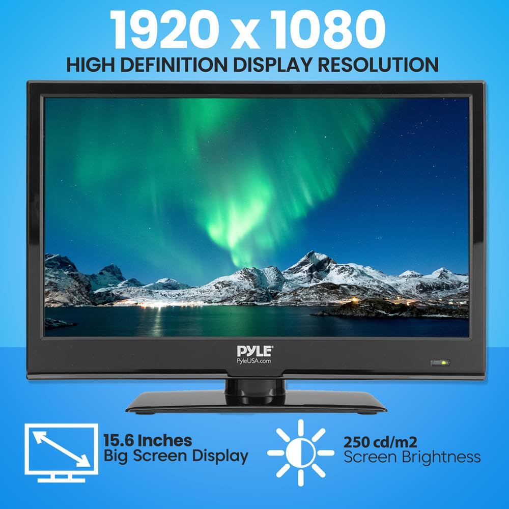 PYLE 15.6" 1080p LED RV Television - Flat Screen Monitor FHD TV w/HDMI, RCA, Multimedia Disk Combo, 12V/24V Car Adapter, Full Range Stereo Speaker, Wall Mount, Works w/Mac PC, Includes Remote Control