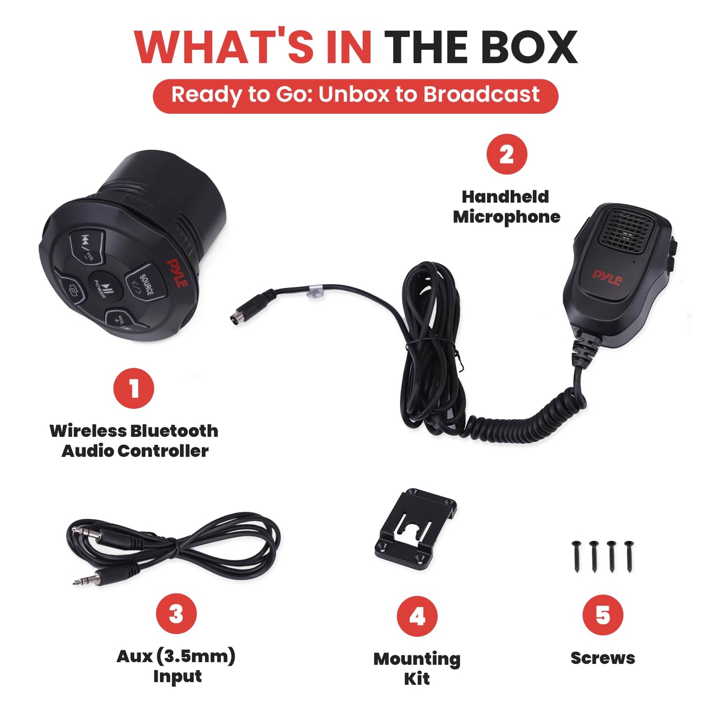 Pyle Marine Bluetooth Receiver Microphone Kit - Waterproof Audio Entertainment System Set w/ 2-Channel Wireless BT Controller, Handheld Broadcasting Mic - Car, Truck, ATV, UTV, 4x4, Boat