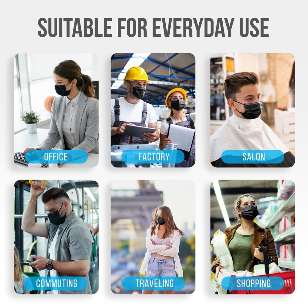 SereneLife 50 Pieces Disposable Face Masks - 3 Layer Protection Breathable Face Masks, For Dust Covering, Made from Non-Woven Fabric, Easy to Use, Disposable, and Single-Use, For Adults (Black)