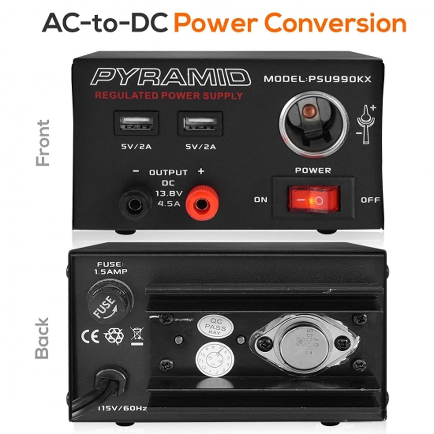 Pyramid Universal Compact Bench Power Supply - 7 Amp Regulated Home Lab Benchtop AC-Dc Converter Power Supply for CB Radio, HAM W/ 13.8 Volt Dc 120V AC Supply, Dual USB, Cigarette Lighter PSU990KX