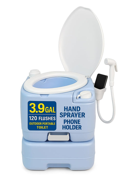 SereneLife Moonwhite 15L Travel Toilet for Camping & RV - Extra-Large Leak-Proof Seat, Hand Sprayer, Funnel, Full Flush & Phone Slot - Ideal Travel Potty for Adults, Campsites, Boats & Road Trips
