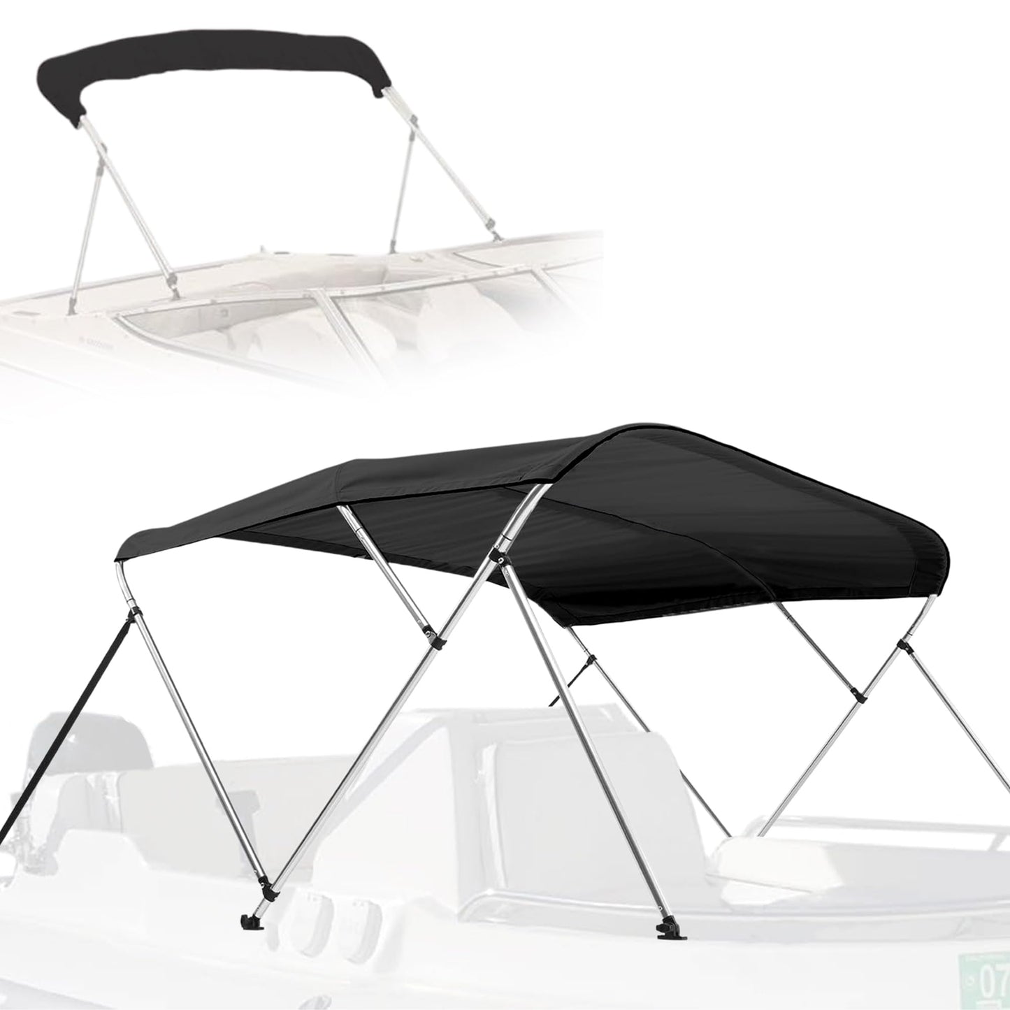 Waterproof Boat Bimini Top Cover - 85-90"W 3 Bow Bimini Top Sun Shade Boat Canopy - 1" Double Wall Aluminum Frame Tubes, 2 Front Straps, 2 Rear Support Poles, Storage Boot - SereneLife SLBTW90G, Gray