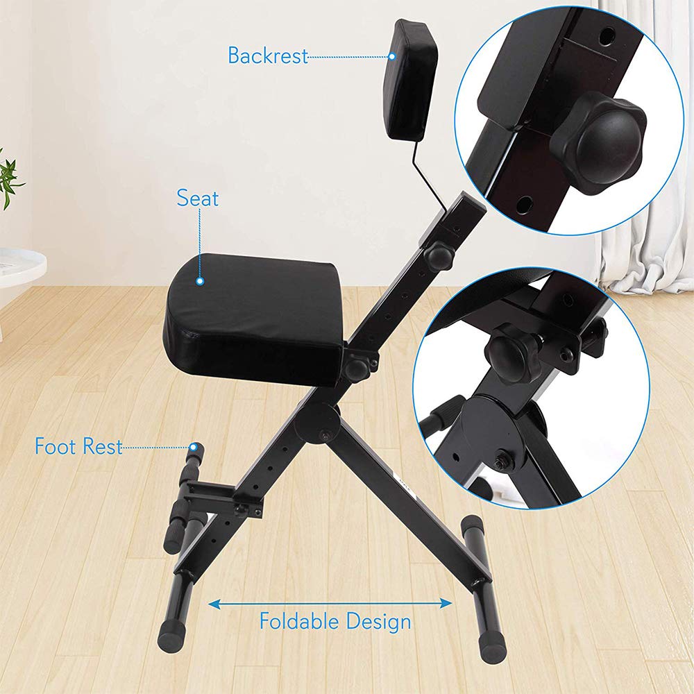 PYLE Drum Throne - Guitar Stool, Foldable & Portable Chair w/ Backrest & Footrest, Adjustable Music Stool for Adults, Padded Cushioned Seat & Back