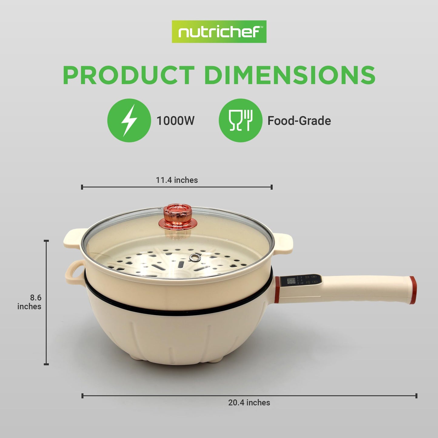 Nutrichef 4L Electric Frying Pan & 4L Steamer | Multifunctional Portable 1000W Non-Stick Pot for Cooking | Durable Heat Safe Handle | Touch Control Panel | Electric Hot Pot | White