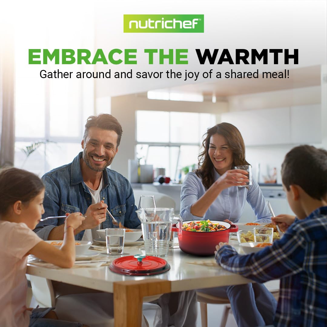 NutriChef Enameled Cast Iron Dutch Oven-5-Quart Kitchen Round Dutch Oven Stovetop Casserole Cookware, Porcelain Enamel Coated Cast-Iron Baking Pots w/ Self Basting Lid-NCCIEC45(Red),Medium