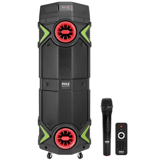 Pyle Portable Bluetooth PA Speaker - 400W Dual 8” Rechargeable Indoor/Outdoor BT Karaoke Audio System-Party Lights, LED Display, FM/AUX/MP3/USB/SD, 1/4" in,Handle, Wheels-Wireless Mic, Remote Control