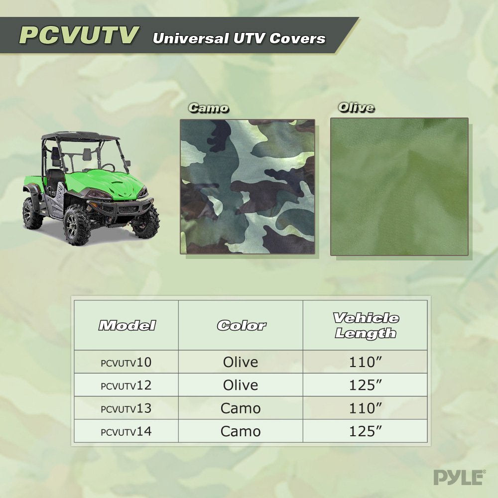 Pyle Universal UTV Vehicle Protective Cover - Quad Wheeler Outdoor Waterproof Dust and Weather Protection w/ Polyester Canvas Heavy Duty Fabric, Storage Bag, For Up to 110" Vehicles -PCVUTV13 (Camo)