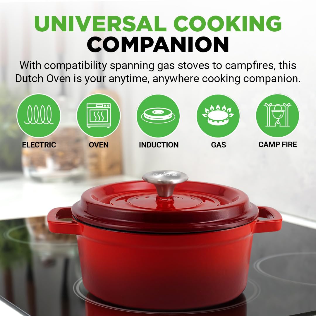 NutriChef Enameled Cast Iron Dutch Oven-5-Quart Kitchen Round Dutch Oven Stovetop Casserole Cookware, Porcelain Enamel Coated Cast-Iron Baking Pots w/ Self Basting Lid-NCCIEC45(Red),Medium