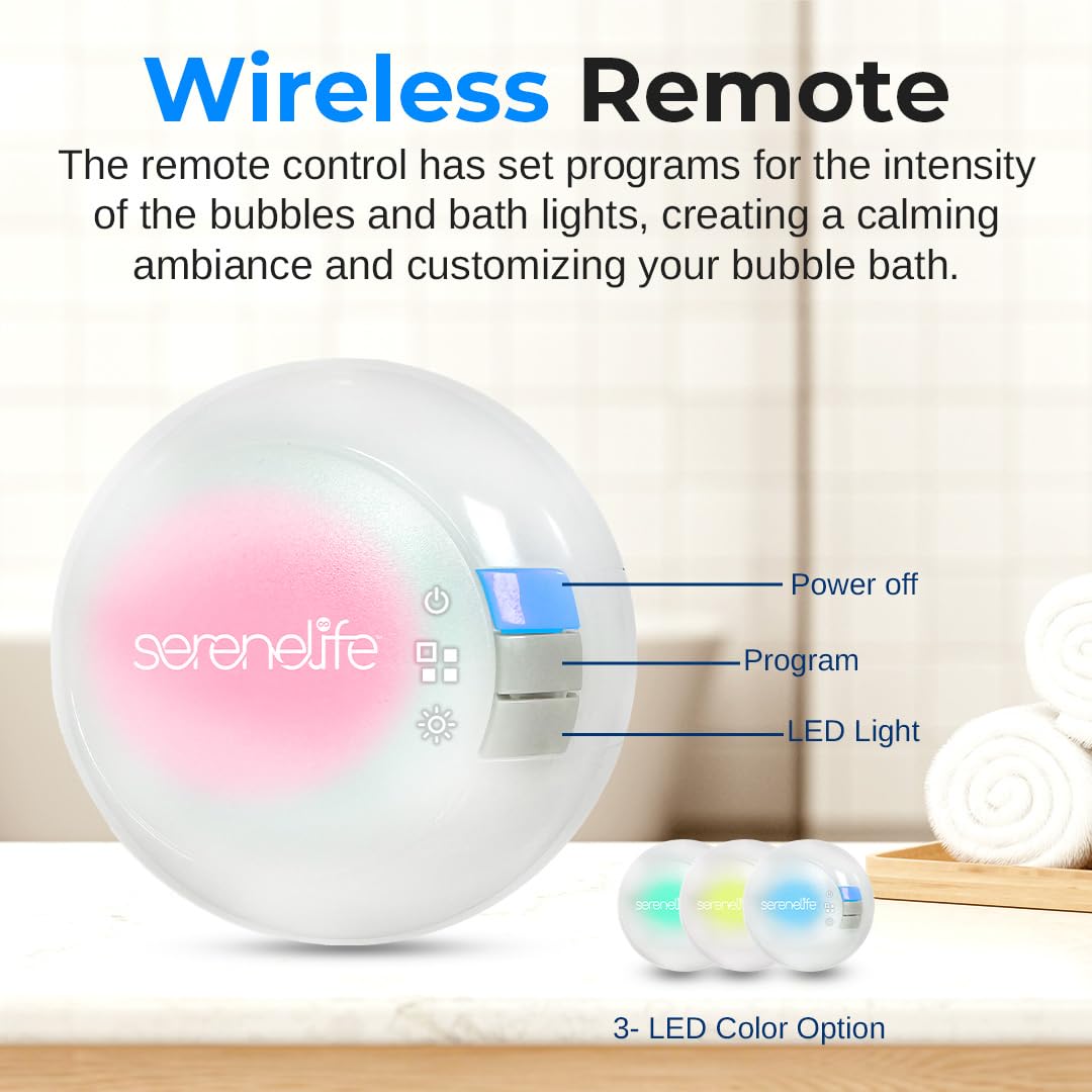 SereneLife Bubble Bath Mat - Portable Spa Bubble Bath Massager with Waterproof Bath Light & Pillow, Adjustable Bubble Intensity, Easy Button Control, Remote Control (Pink)