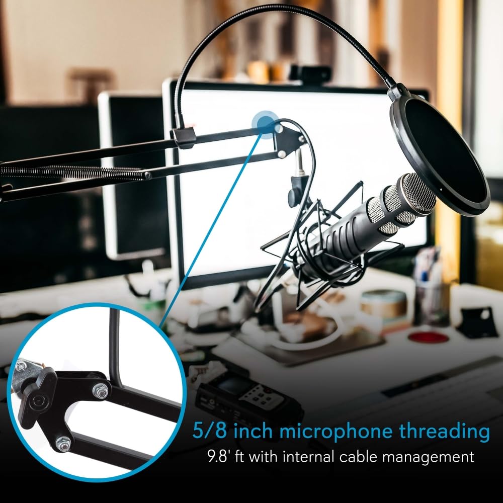 Pyle Suspension Microphone Boom Arm Stand, Adjustable Desktop Scissor Mic Stand with Shock Mount, 5/8-Inch Mic Adapter, XLR Audio Cable, Clamp Mount Base for Blue Yeti - Podcast, Radio & DJ Studio Use