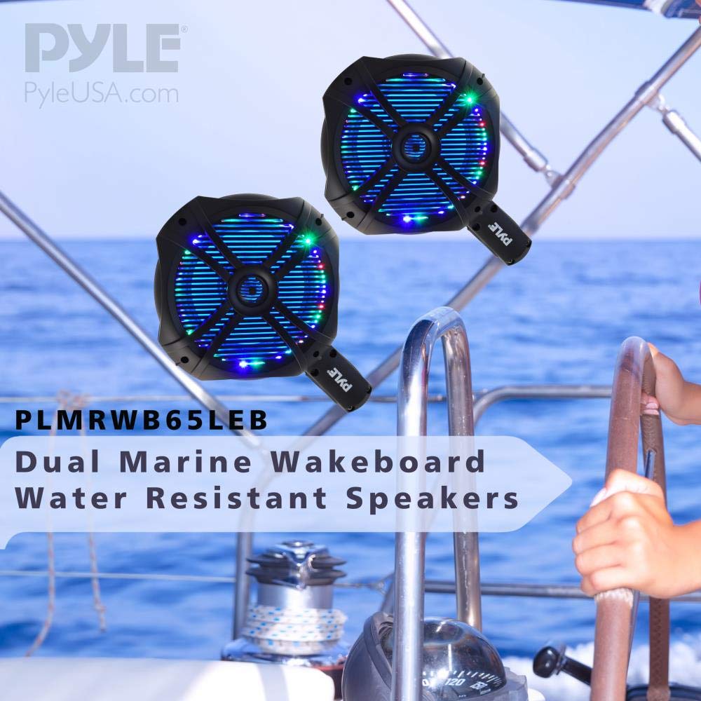 Pyle Waterproof Marine Wakeboard Tower Speakers - 6.5” Dual Subwoofer Speaker Set and 1.0” Tweeters, LED Lights and 200 Watt Power - 2-way Boat Audio System with Mounting Bracket - PLMRWB65LEB (Black)