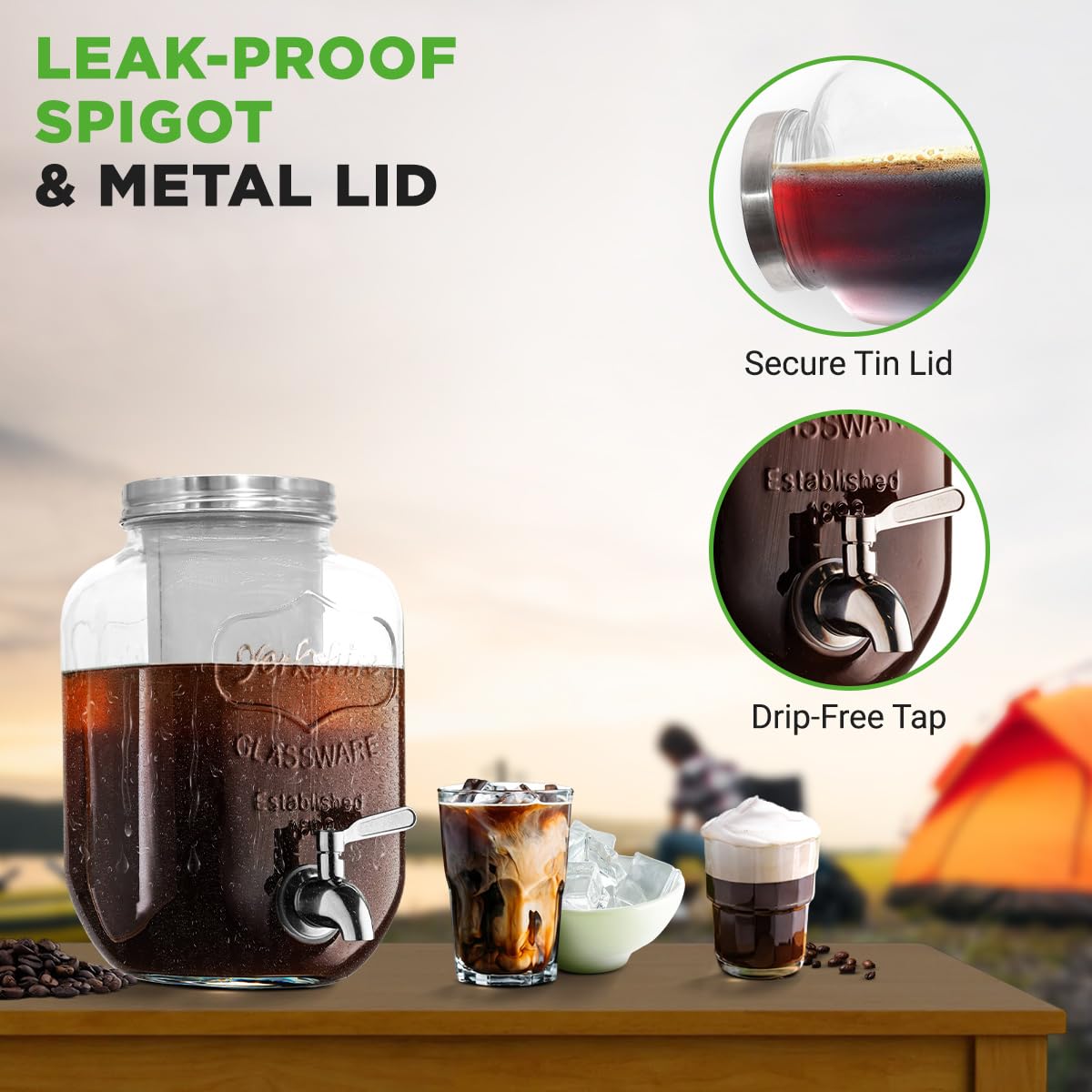NutriChef 1-Gallon Cold Brew Coffee Maker - Wide-Mouth Glass Mason Jar Style w/Stainless Steel Spigot Tap & Reusable Mesh Filter - Leak Resistant, Drip-Free, & Easy to Clean
