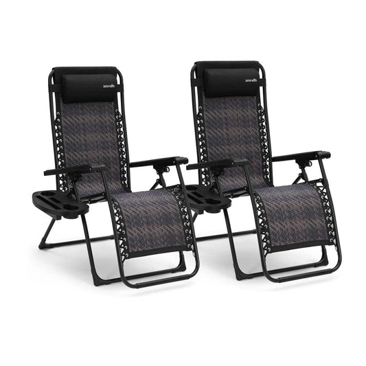 SereneLife 2-Pack Rattan Zero Gravity Chairs – Adjustable Recliners with Side Table, Cup Holders & Pillow, Foldable Outdoor Lounge Set for Patio, Lawn or Deck – 265 lbs Capacity, Brown