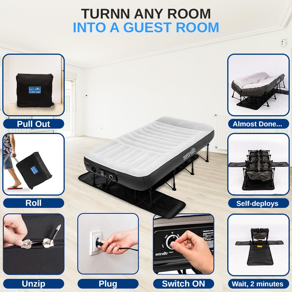 SereneLife Inflatable Air Bed with Frame - Auto Inflating Air Mattress with Built-in Pump, Memory Foam Cover, Self-Deploying Frame, Ideal for Guests, Camping & RV, Easy Carry Case, Queen 77" x 40"
