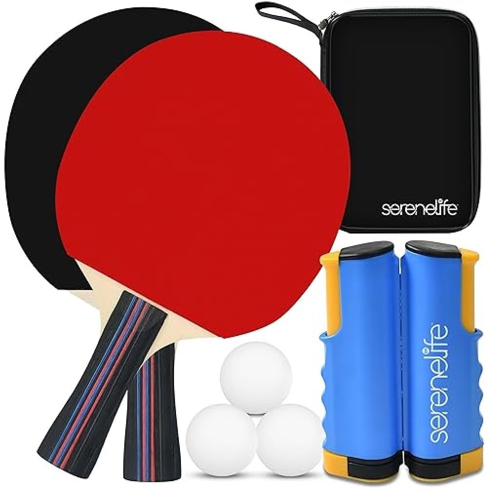 SereneLife Ping Pong Paddle Set, Indoor/Outdoor Table Tennis Paddles for 2, Includes Ping Pong Net with Clamps, 3 Balls