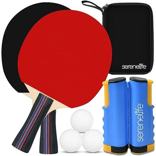 SereneLife Ping Pong Paddle Set, Indoor/Outdoor Table Tennis Paddles for 2, Includes Ping Pong Net with Clamps, 3 Balls