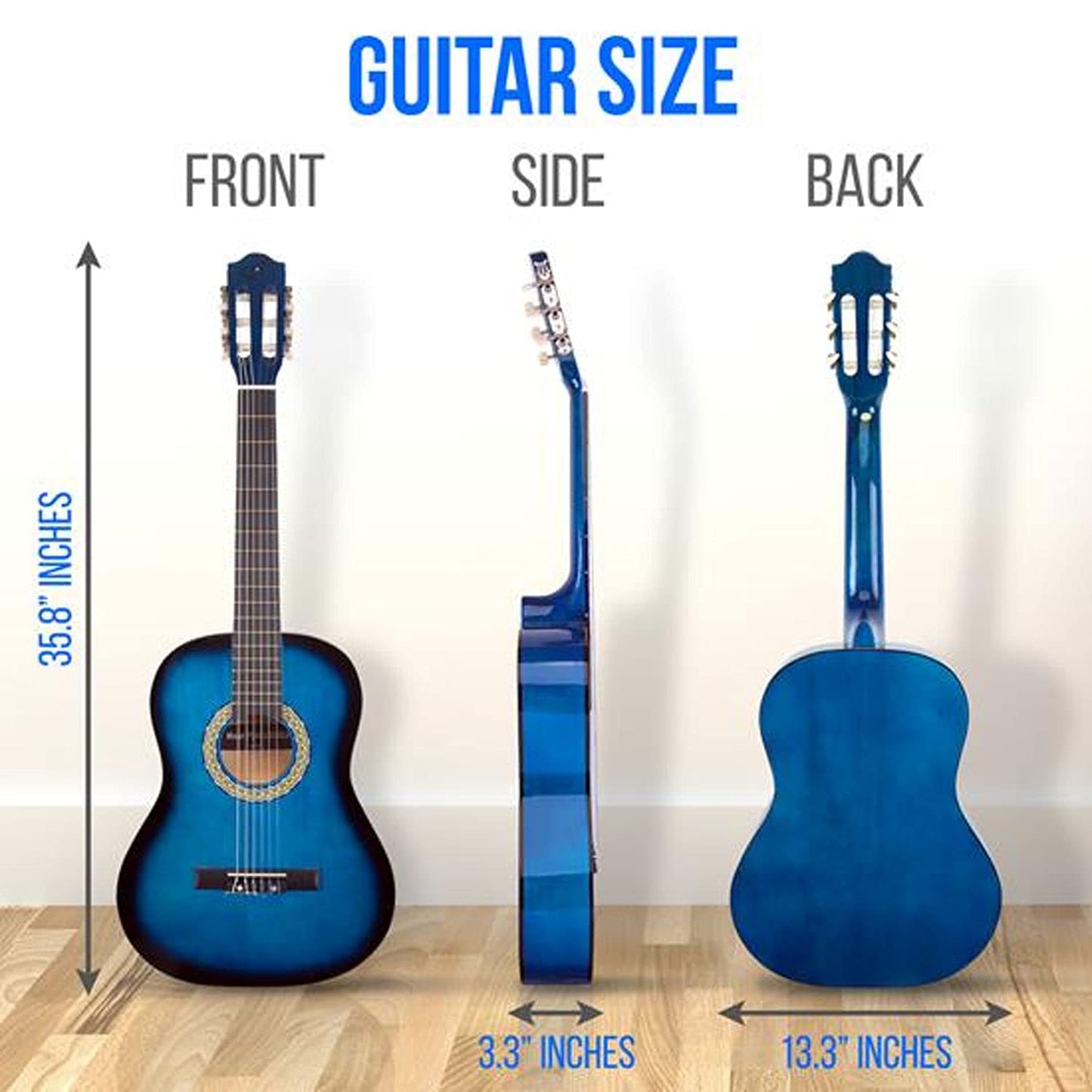 Pyle Beginner Acoustic Guitar Kit, 3/4 Junior Size All Wood Build Nylon String Instrument with Capo, Gig Bag, Strap, Extra String Set, Guitars for Beginners Adults and Youth, 36" Blue Burst Gloss