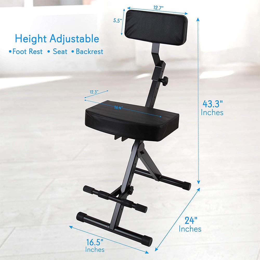 PYLE Drum Throne - Guitar Stool, Foldable & Portable Chair w/ Backrest & Footrest, Adjustable Music Stool for Adults, Padded Cushioned Seat & Back