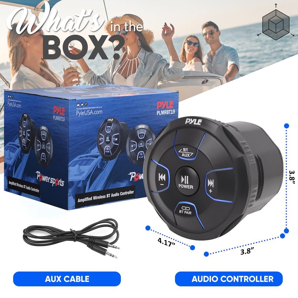 Pyle Amplified Wireless Bluetooth Audio Controller - 800 Watt Bluetooth Media Button, Waterproof Marine Receiver Remote Control w/ AUX, Mount for Car Truck Boat Marine PowerSport Vehicles - PLMRBT19
