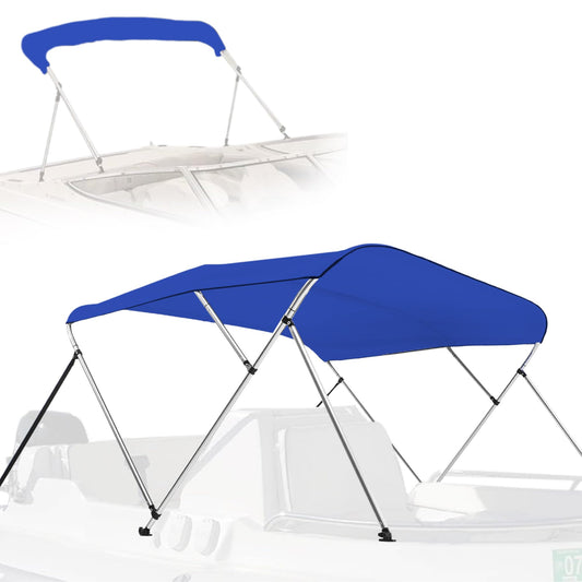 SereneLife 3 Bow Bimini Top Boat Cover –72'' x 85-90'' x 46'', Durable 1" Aluminum Frame, Waterproof & UV-Resistant, Easy Install with Front Straps, Rear Support Arms & Free Storage Boot (Blue)