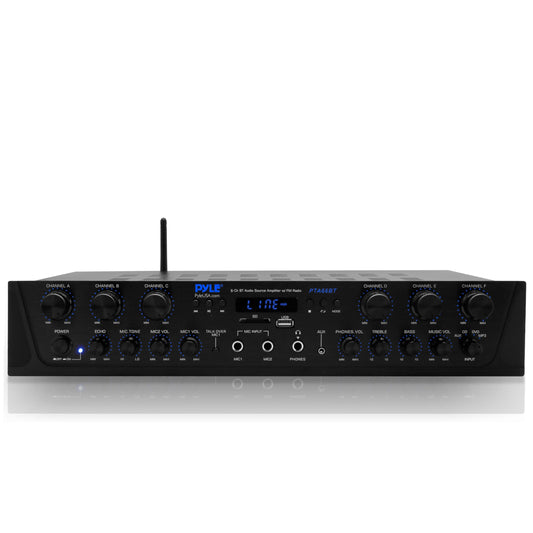 Pyle 600W 6-Channel Bluetooth Stereo Amplifier - Audio Receiver with Digital LCD - Microphone Input - USB - SD - AUX - RCA - FM Radio - Headphone Jack - Multi-Zone Control - PTA66BT