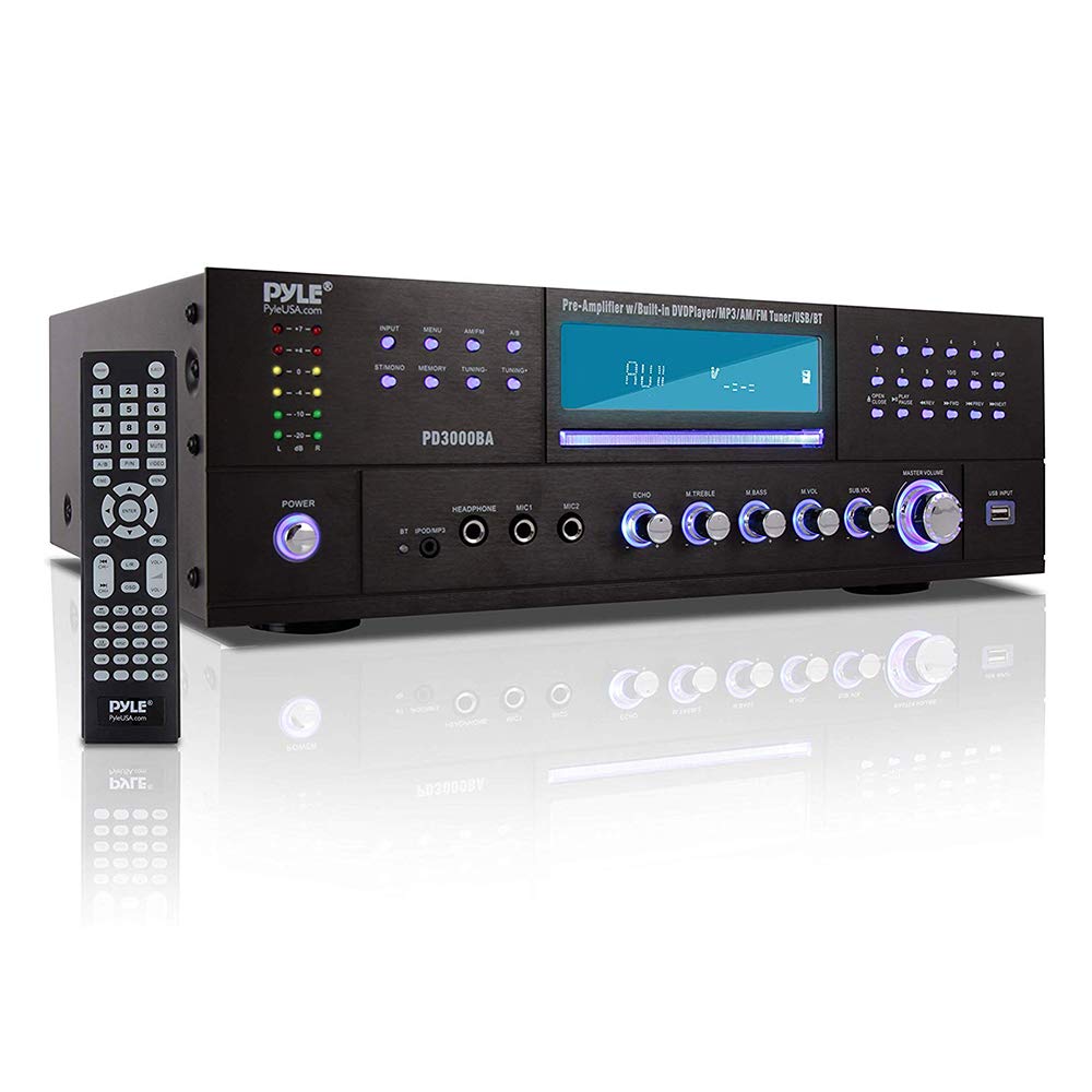 Pyle 4 Channel Wireless Bluetooth Amplifier - 3000W Peak Stereo Audio Receiver FM Radio - USB - 2 Mic Inputs w/ Echo - HDMI - 24-Bit Decode - CD/DVD - Subwoofer Output - LED - Rack Mount - PD3000BA