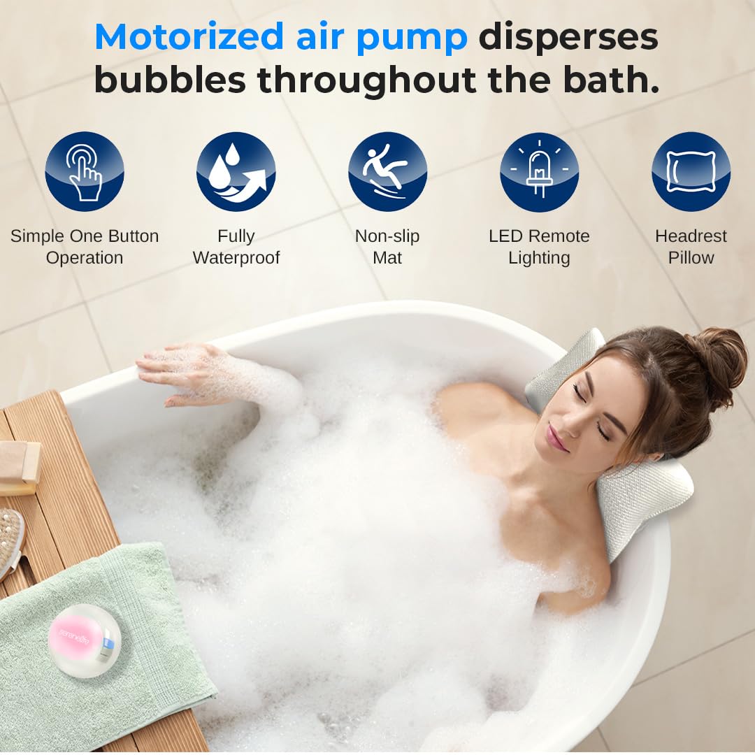 SereneLife Bubble Bath Mat - Portable Spa Bubble Bath Massager with Waterproof Bath Light & Pillow, Adjustable Bubble Intensity, Easy Button Control, Remote Control (Pink)