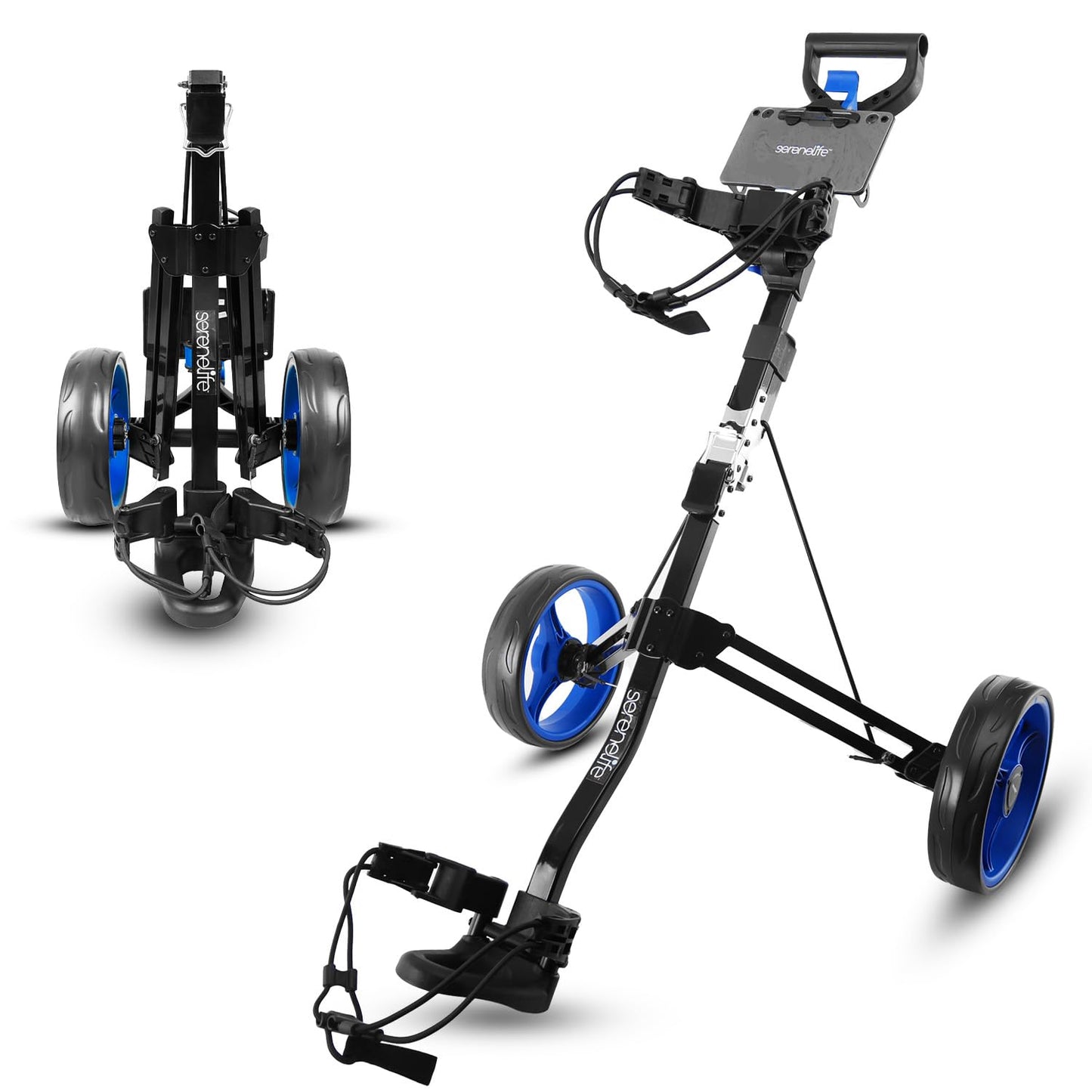 SereneLife 2-Wheel Golf Push Cart – Lightweight Foldable Aluminum Pull Trolley with Elastic Straps, Adjustable Handle, Quick Brake & Compact Design – Easy Storage Golf Caddy with 33 lb Load Capacity