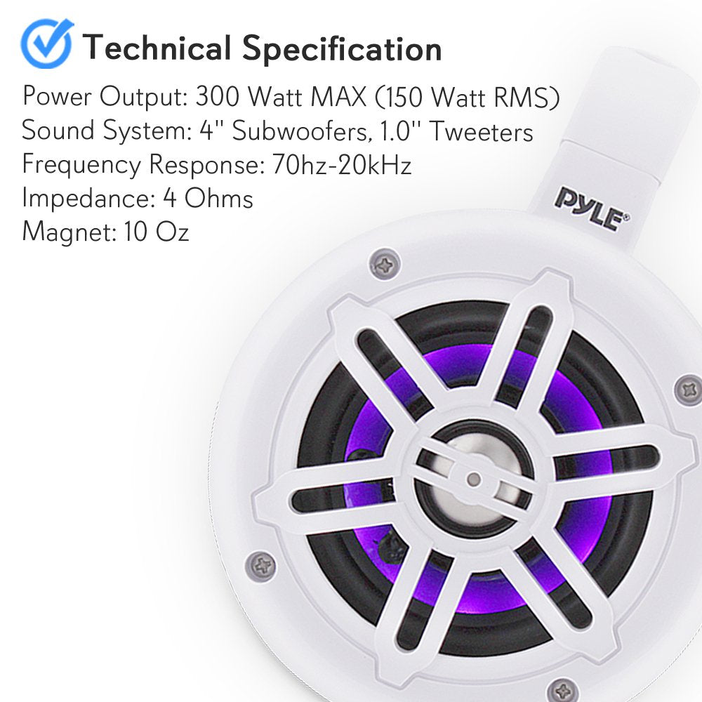 Pyle Waterproof Marine Wakeboard Tower Speakers - 4in Dual Subwoofer Speaker Set w/LED Lights & Bluetooth for Wireless Music Streaming - Boat Audio System w/Mounting Clamps PLMRLEWB47WB (White)