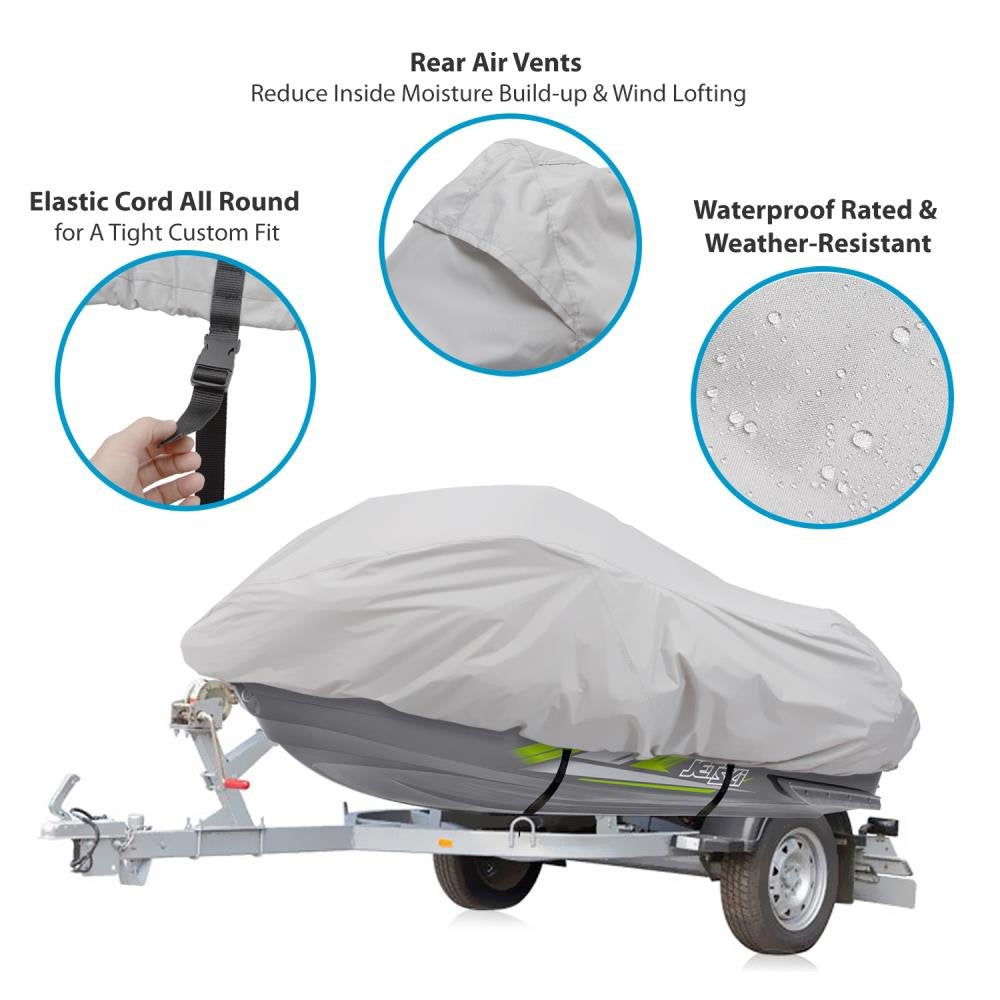 Pyle Marine Grade Polyester Jetski Cover - Size Supports 102” and Under - Heavy Duty Universal Trailer Storage Cover for Personal Watercraft - Waterproof Weather Resistant with Elastic Cord, Gray