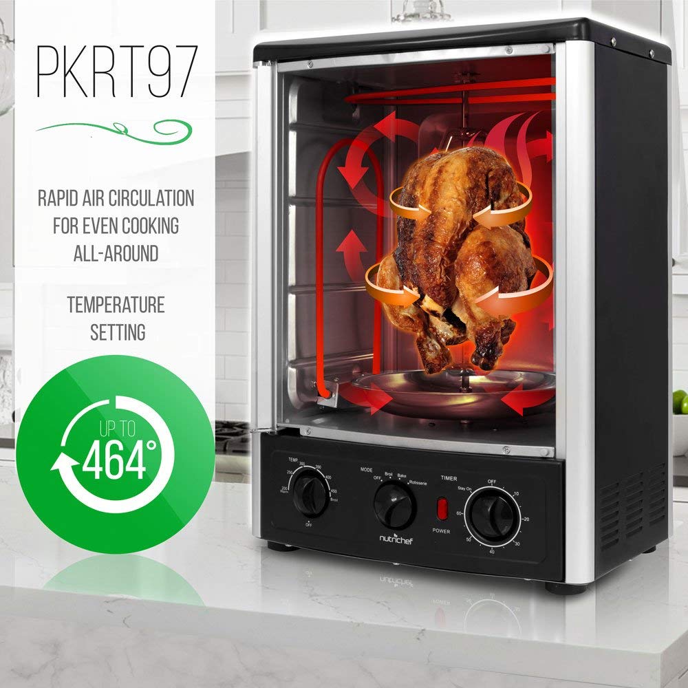Nutrichef Vertical Countertop Oven with Rotisserie, Bake, Broil, & Kebab Rack Functions - Adjustable Settings - 2 Shelves - 1500W - Thanksgiving Turkey - Includes Grill, Kebab skewer racks & bake pan