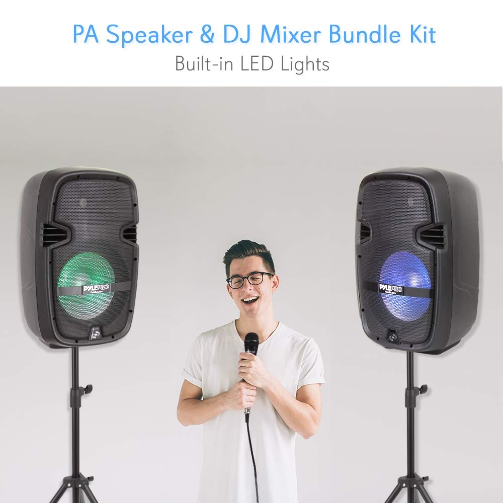 Pyle PA Speaker DJ Mixer Bundle - Portable Wireless Bluetooth Sound System w/ USB SD XLR 1/4" RCA Inputs, LED Lights - Dual Speaker, Mixer, Microphone, Stand, Cable - Home/Outdoor PPHP210AMX,Black