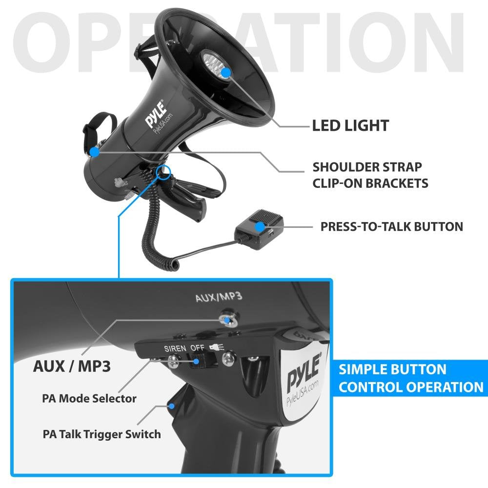 Pyle 50W Portable Megaphone Bullhorn Speaker with Microphone, 1200 Yard Range for Indoor/Outdoor Use, Alarm Siren & Adjustable Volume for Cheerleading Fans, Coaches or Safety Drills