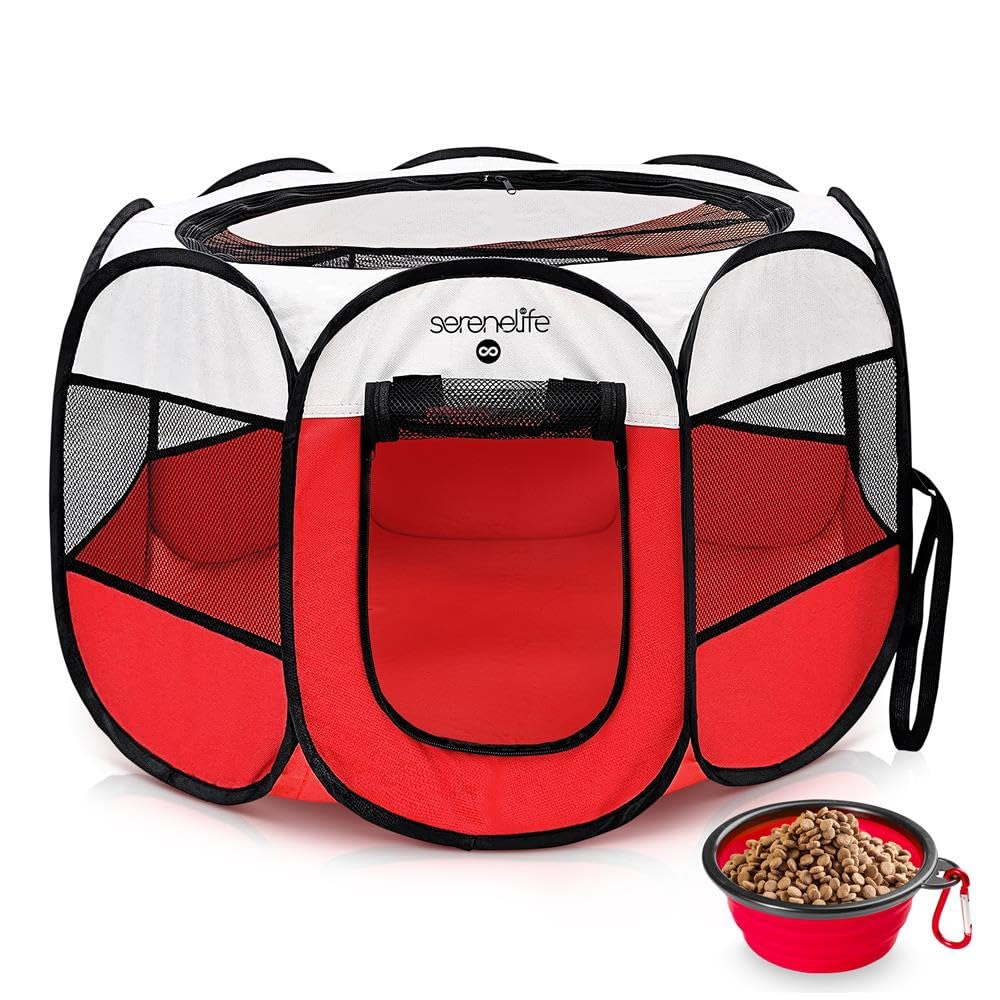 SereneLife On-The-Go Foldable Portable Pet Tent 8-Panel Playpen for Dog & Cat w/Food/Water Bowl, Mesh Exercise Puppy Playground, Pet House Indoor & Outdoor, Travel & Camping Pet Kennel (Red, Medium)