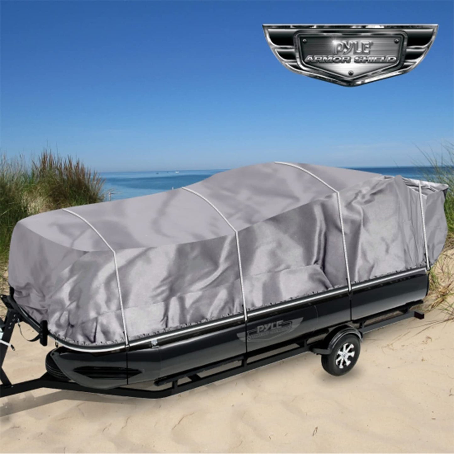 Pyle Universal Boat Adjustable Storage Cover - 25'-28'L to 96” Pontoon Boats Protection Custom Heavy Duty Waterproof Polyester Fabric, Snap Strap, Elastic Cord, Bag