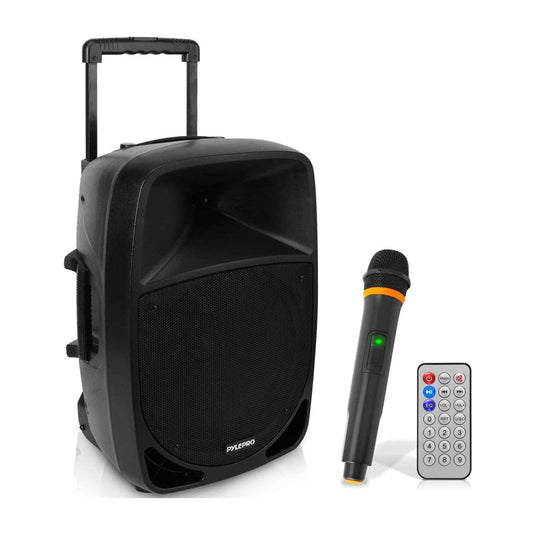 Pyle 1200W Portable Bluetooth PA Speaker - 12’’ Subwoofer, LED Battery Indicator Lights W/Built-In Rechargeable Battery, MP3/USB/SD Card Reader, and UHF Wireless Microphone - Pyle PSBT125A,Black
