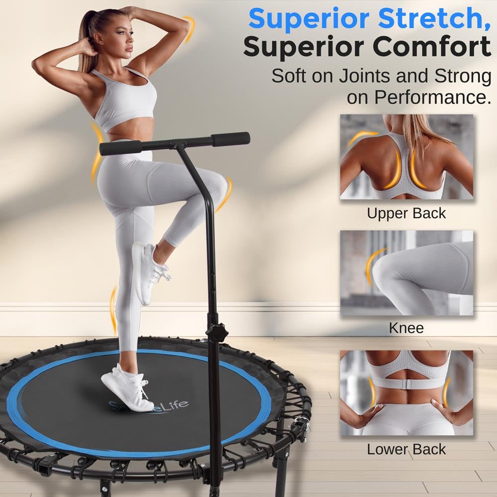 SereneLife 40/48" Foldable Mini Trampoline - Compact Fitness Trampoline for Kids Adults, Exercise Bungee Rebounder with Adjustable Foam Handle, Indoor/Garden Workout Equipment, Max Load 264 lbs