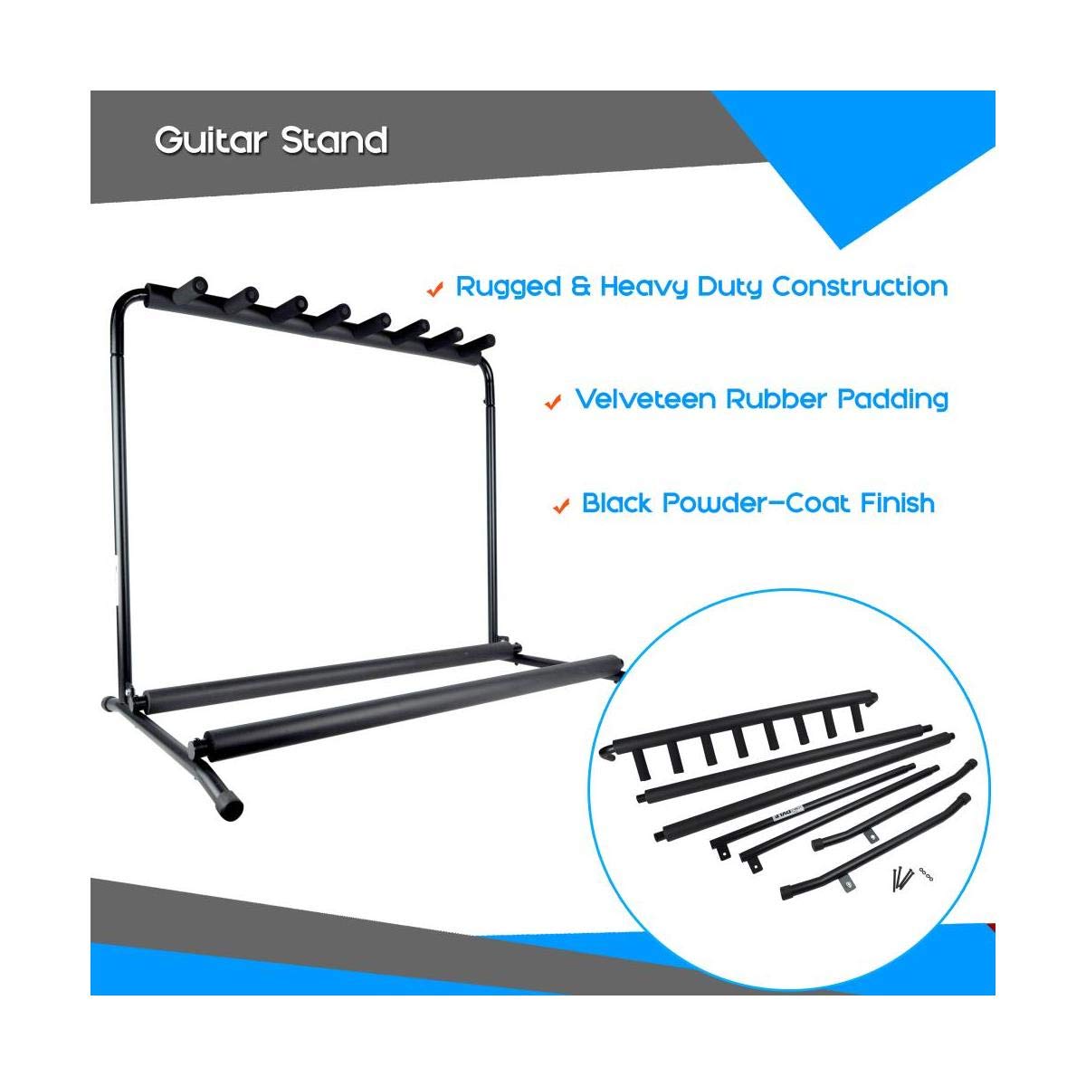 Pyle Multi-Guitar Stand 7 Slot Display Rack - Universal Framework Designed for Electric, Acoustic, Bass Guitars & Cases - Foldable, Portable, and Protective with No-Slip Non-Scratch Padding - Black